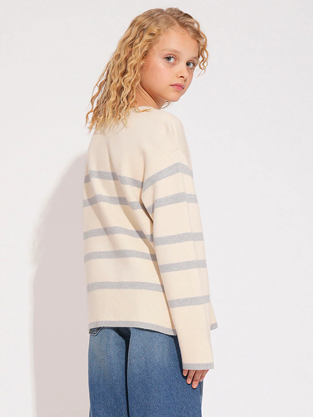 Girls Beige Striped Pullover - Image 3