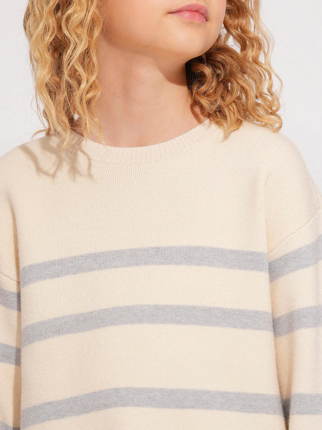 Girls Beige Striped Pullover - Image 4