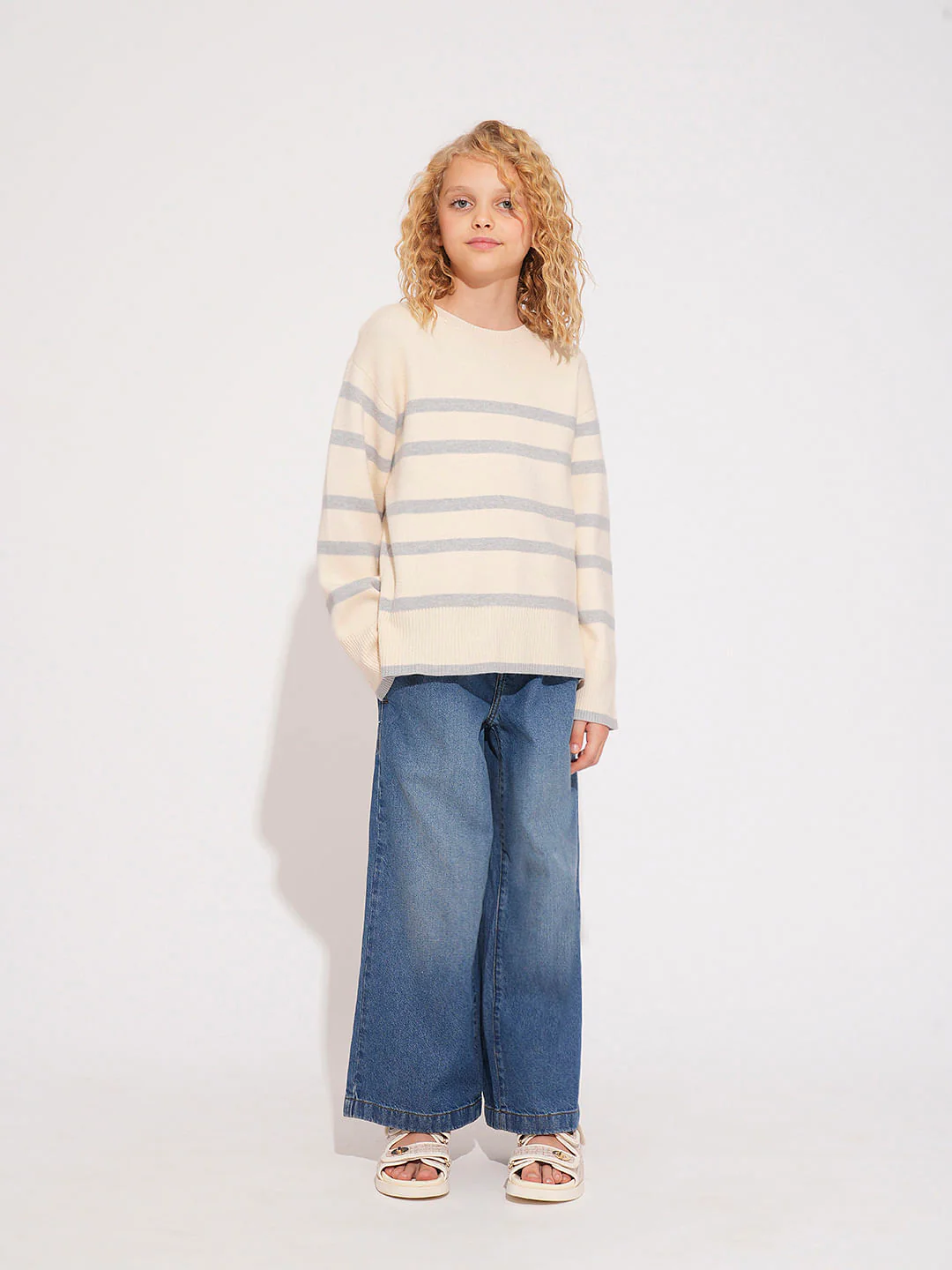 Girls Beige Striped Pullover - Image 5