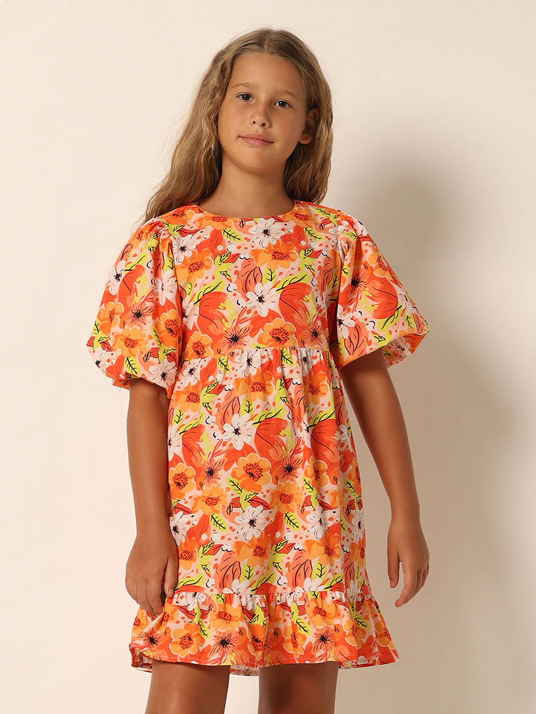 Girls Orange Floral Fit & Flare Dress - Image 2