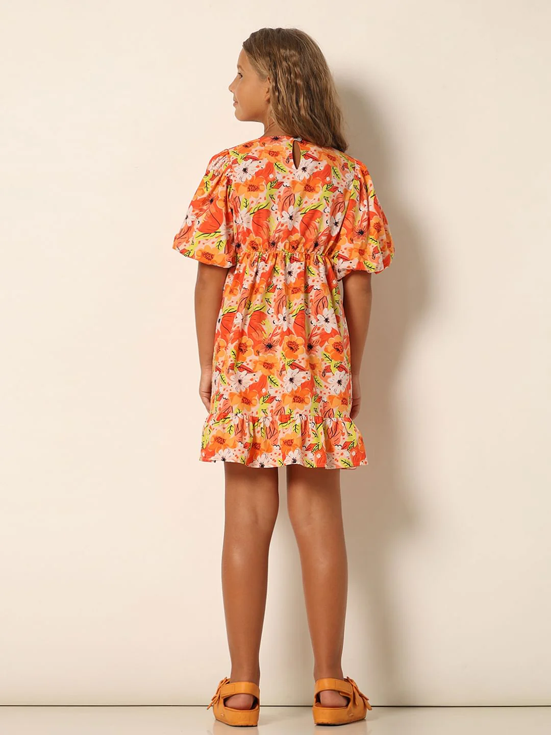 Girls Orange Floral Fit & Flare Dress - Image 3