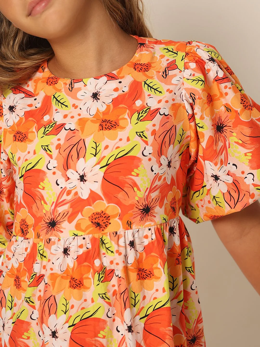 Girls Orange Floral Fit & Flare Dress - Image 4