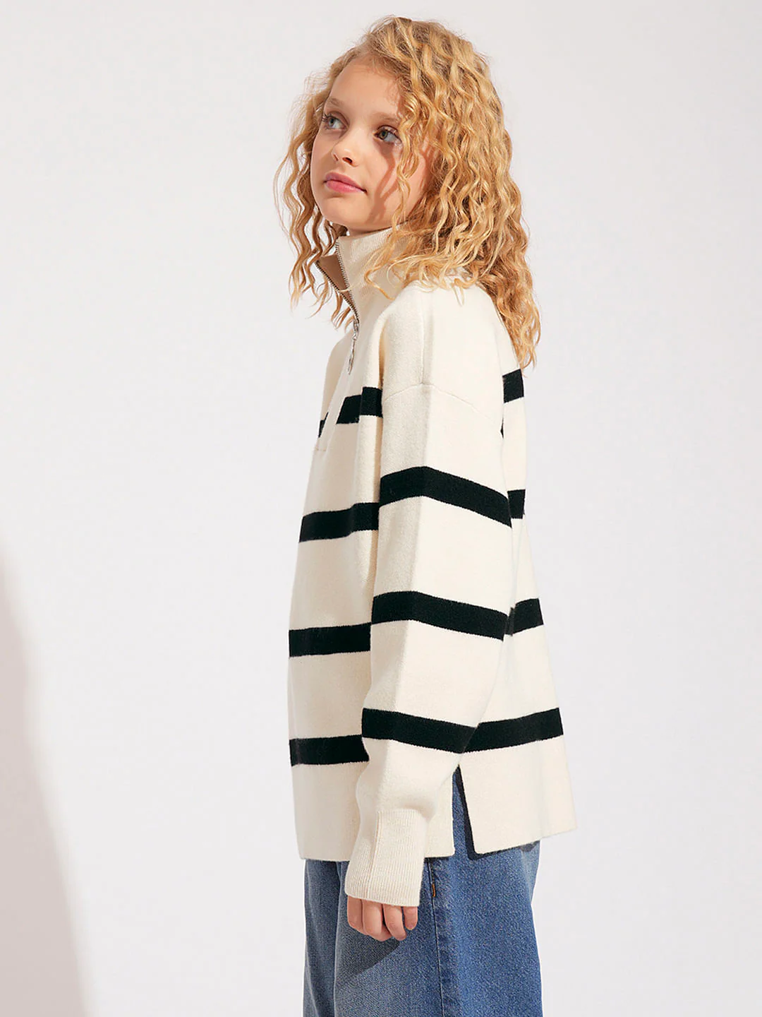 Girls Light Beige Striped High Neck Pullover - Image 2