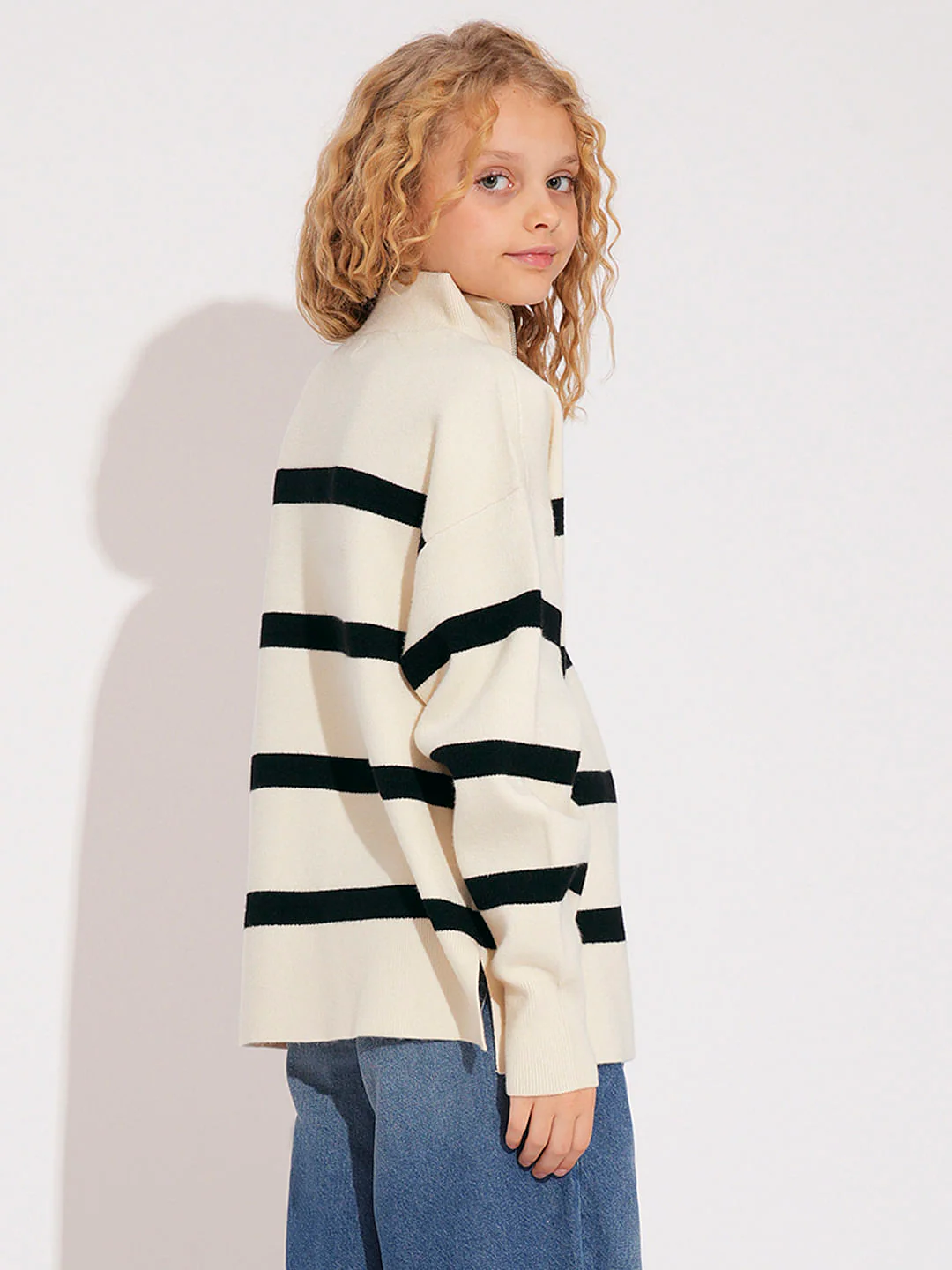 Girls Light Beige Striped High Neck Pullover - Image 3