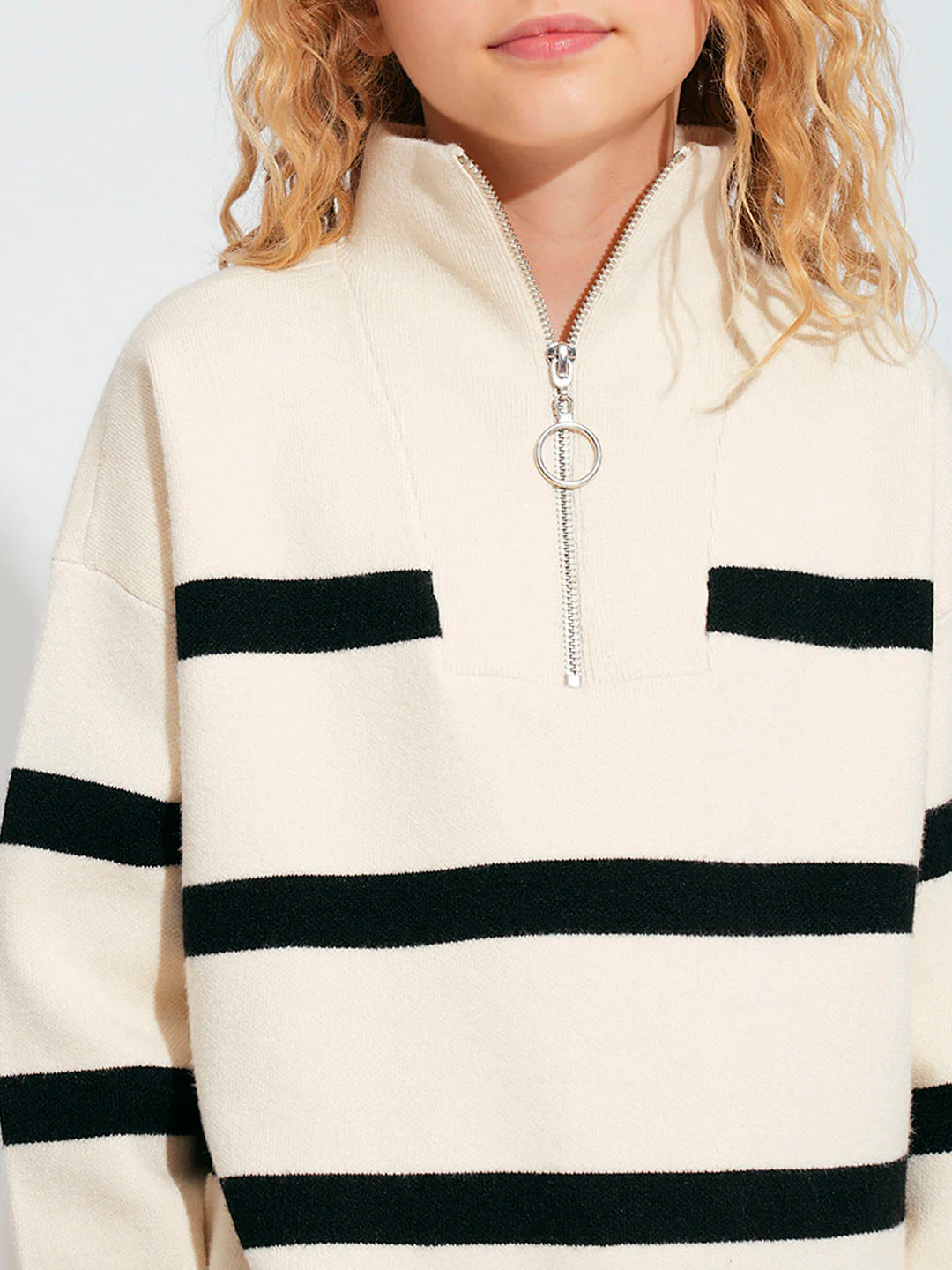 Girls Light Beige Striped High Neck Pullover - Image 4