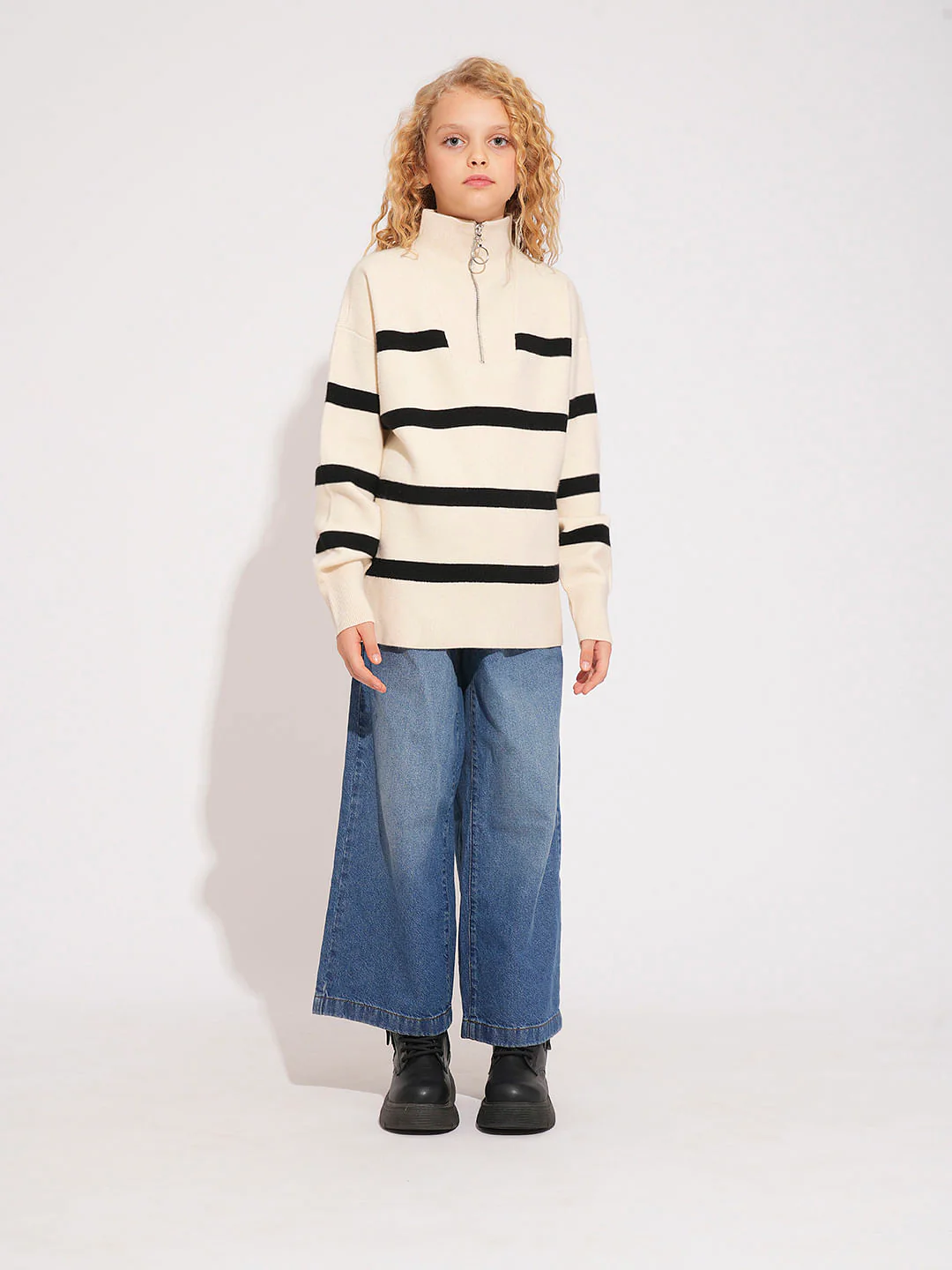 Girls Light Beige Striped High Neck Pullover - Image 5