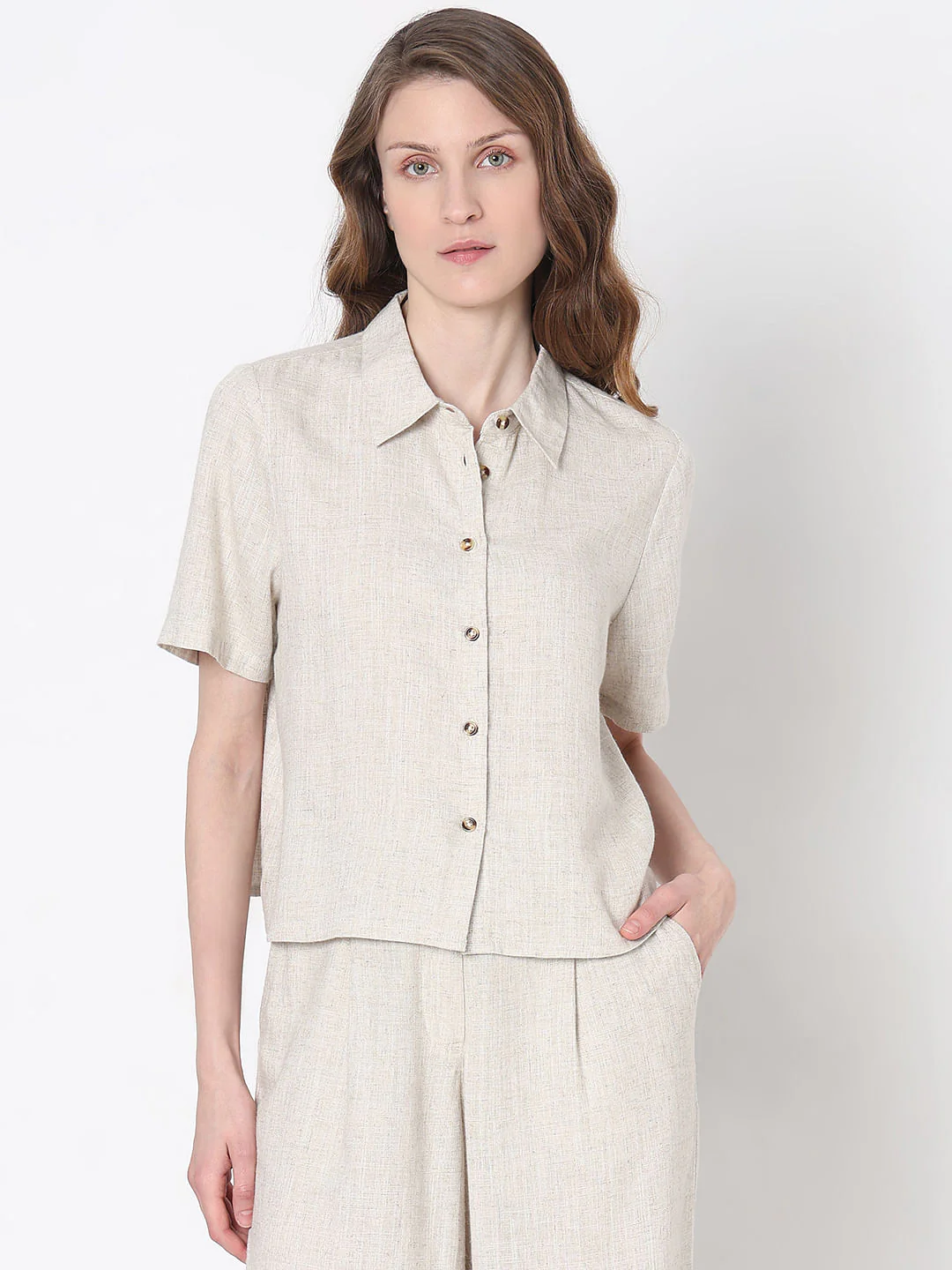 Vero Moa Beige Linen Co-Ord Set Shirt - Image 2