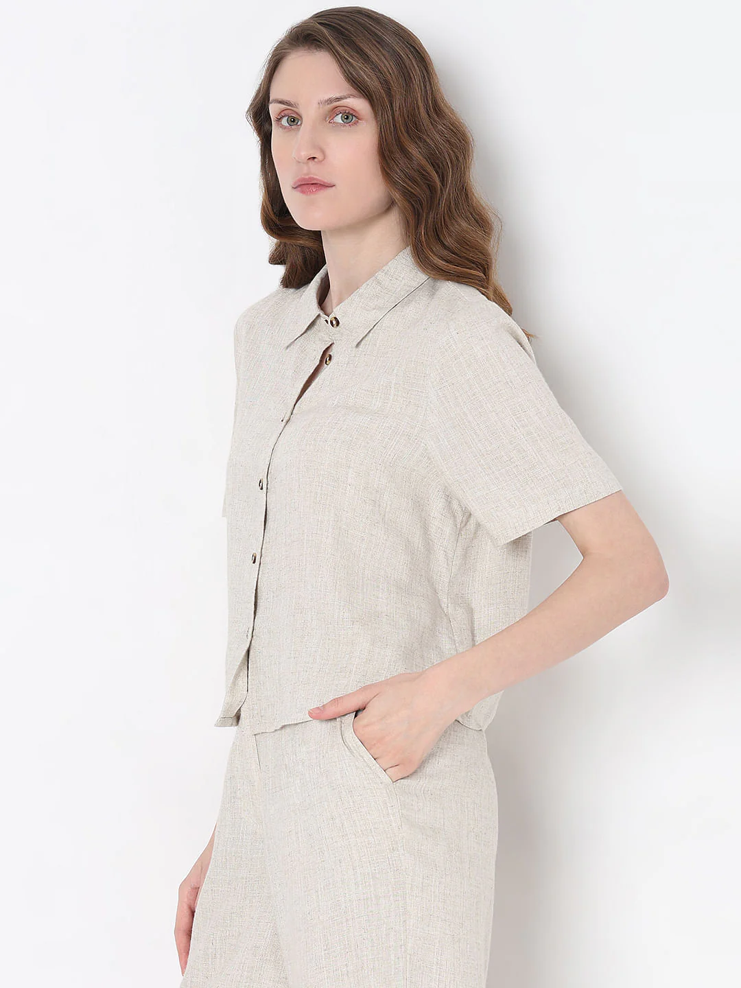 Vero Moa Beige Linen Co-Ord Set Shirt - Image 3