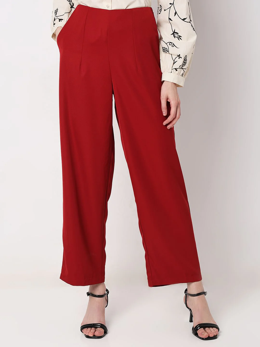 Red High Rise Straight Fit Pants - Image 2