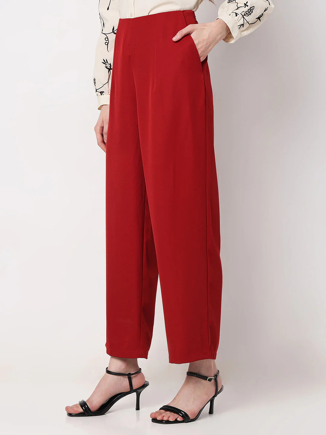 Red High Rise Straight Fit Pants - Image 3