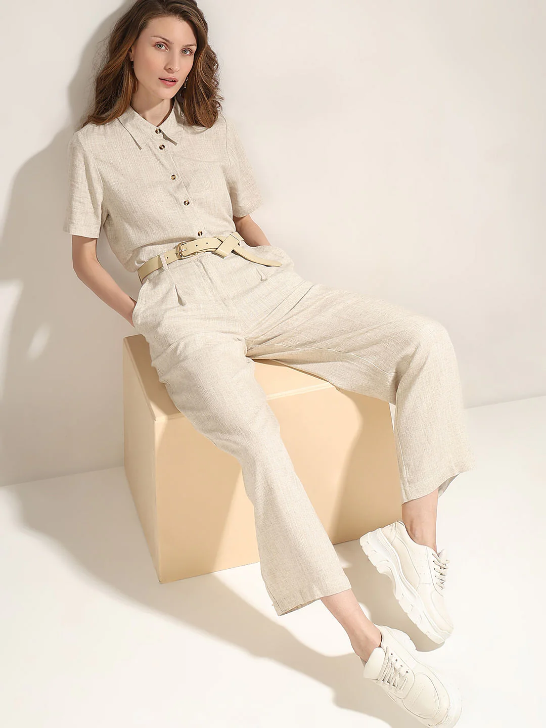 Beige Linen Co-Ord Set Pants
