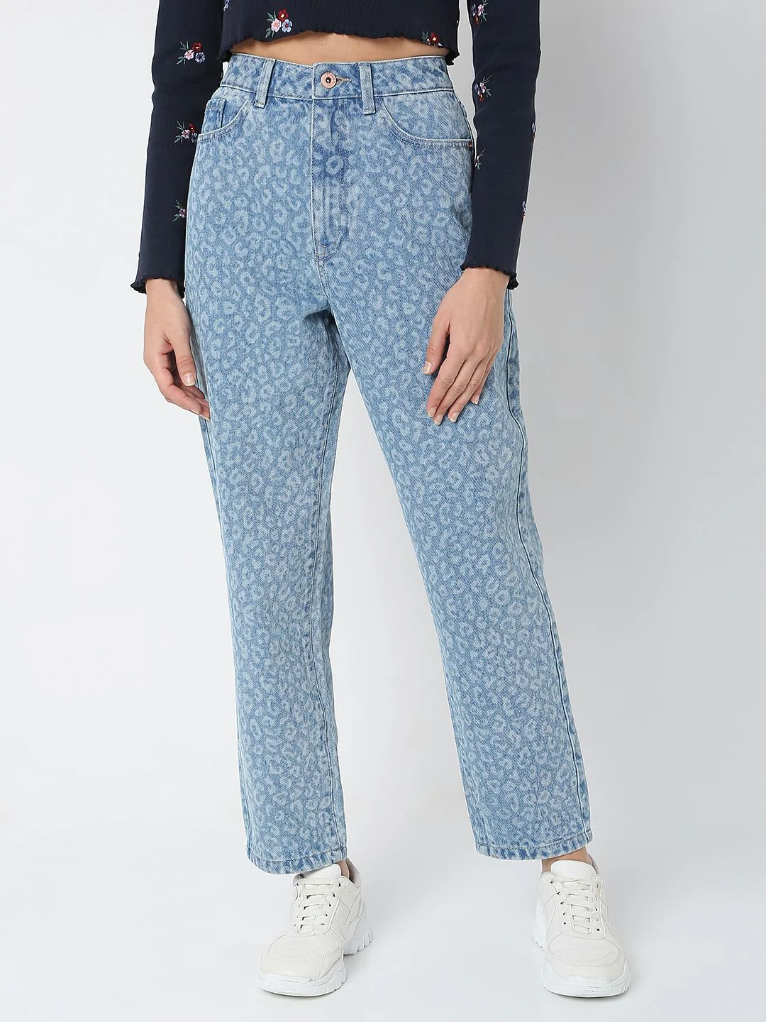 Blue High Rise Animal Print Mom Jeans - Image 2