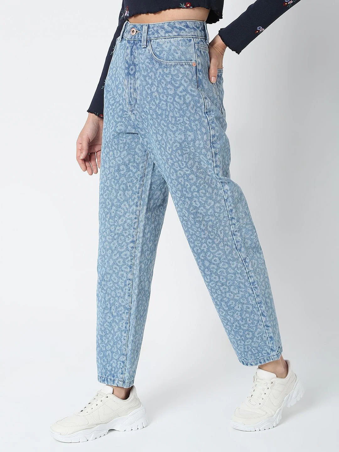 Blue High Rise Animal Print Mom Jeans - Image 3