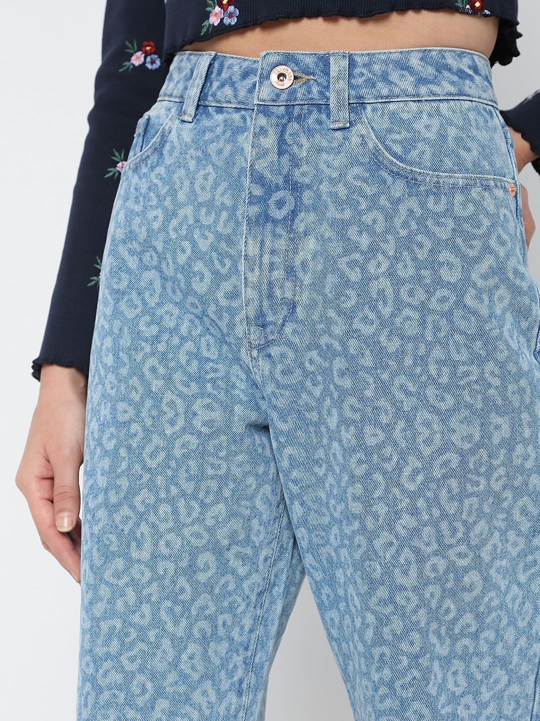 Blue High Rise Animal Print Mom Jeans - Image 5