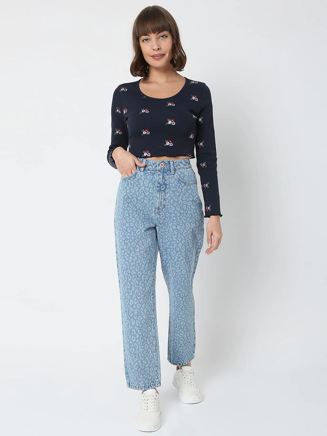 Blue High Rise Animal Print Mom Jeans - Image 6