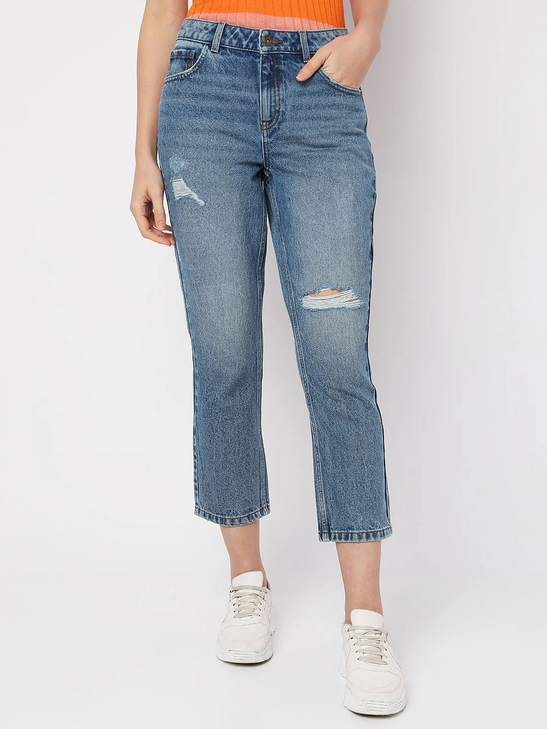 Blue High Rise Distressed Straight Fit Jeans - Image 2