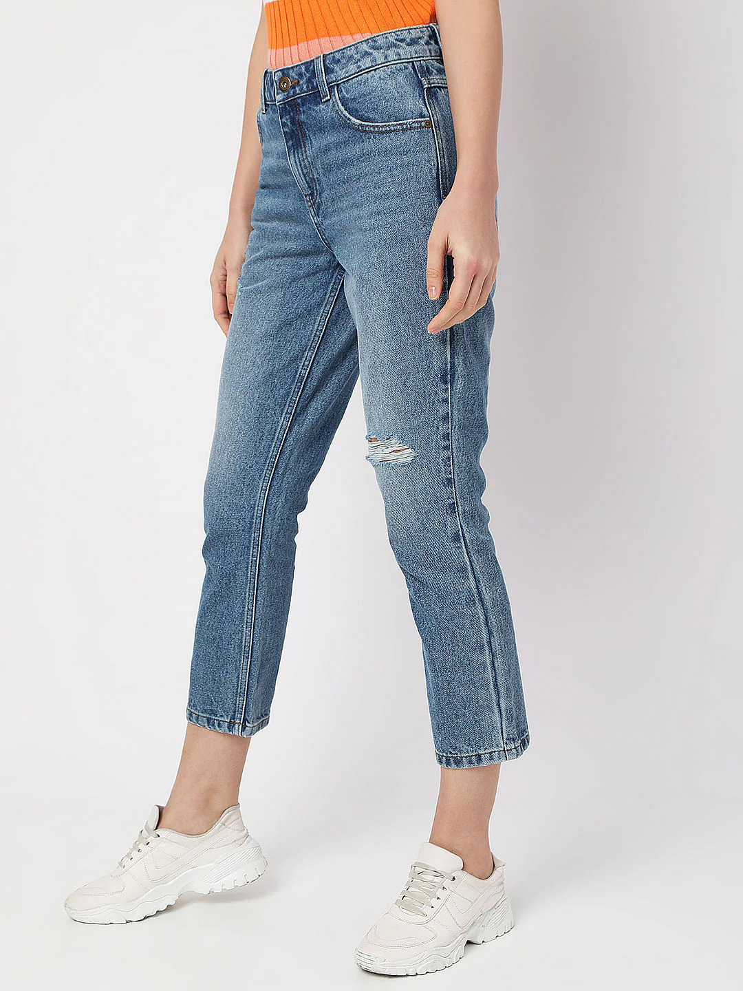 Blue High Rise Distressed Straight Fit Jeans - Image 3