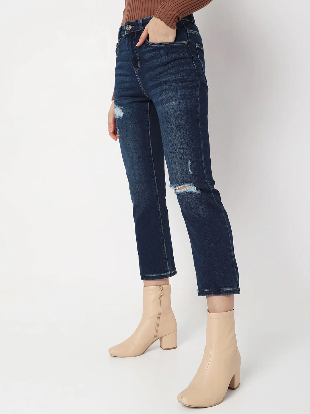 Blue High Rise Ripped Jade Straight Fit Jeans - Image 3