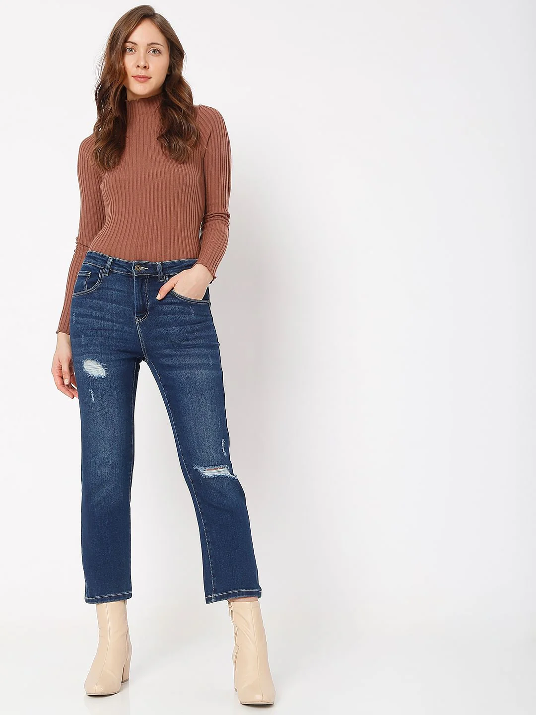 Blue High Rise Ripped Jade Straight Fit Jeans - Image 6