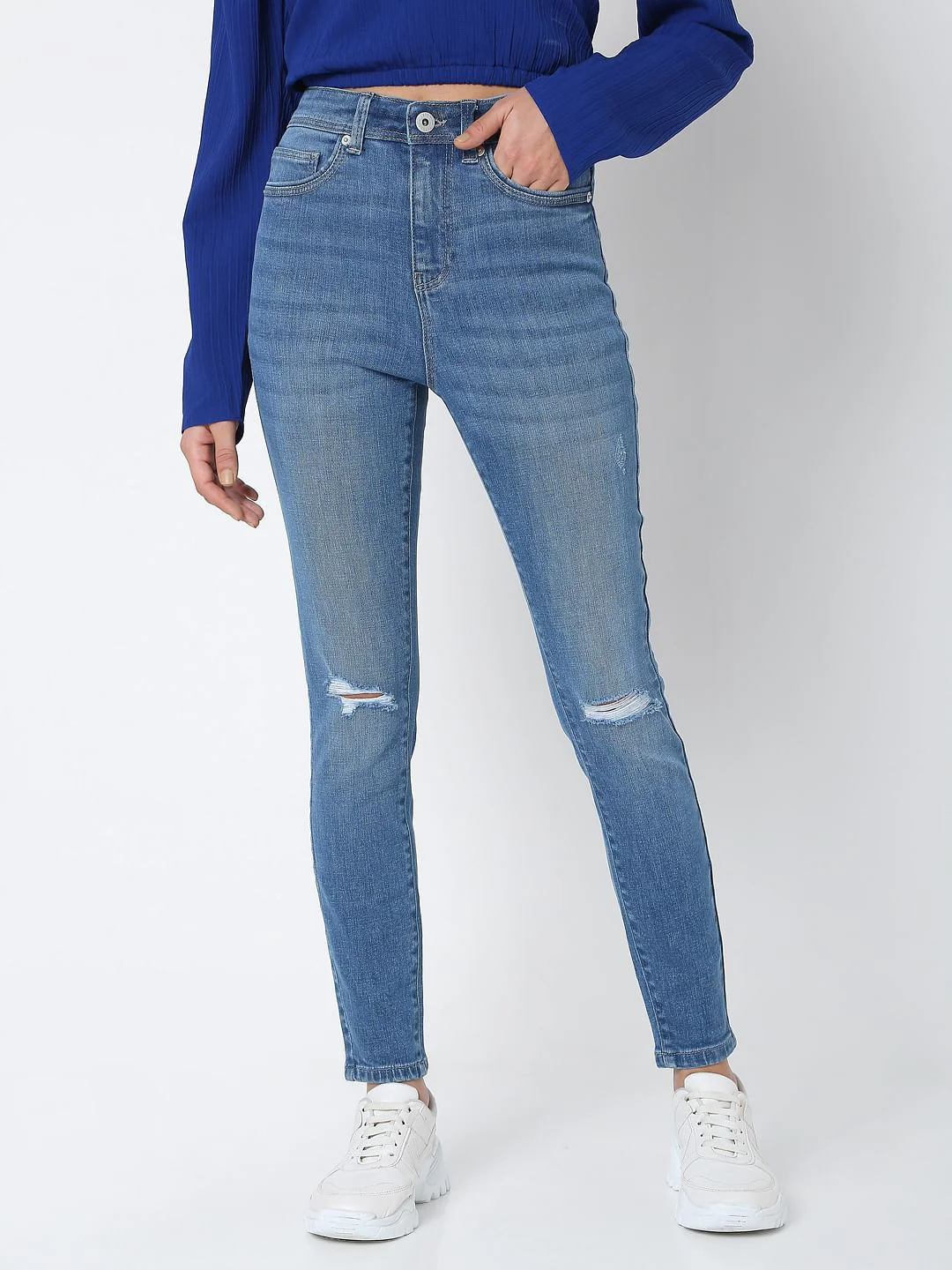 Blue Mid Rise Knee Ripped Wendy Skinny Jeans - Image 2