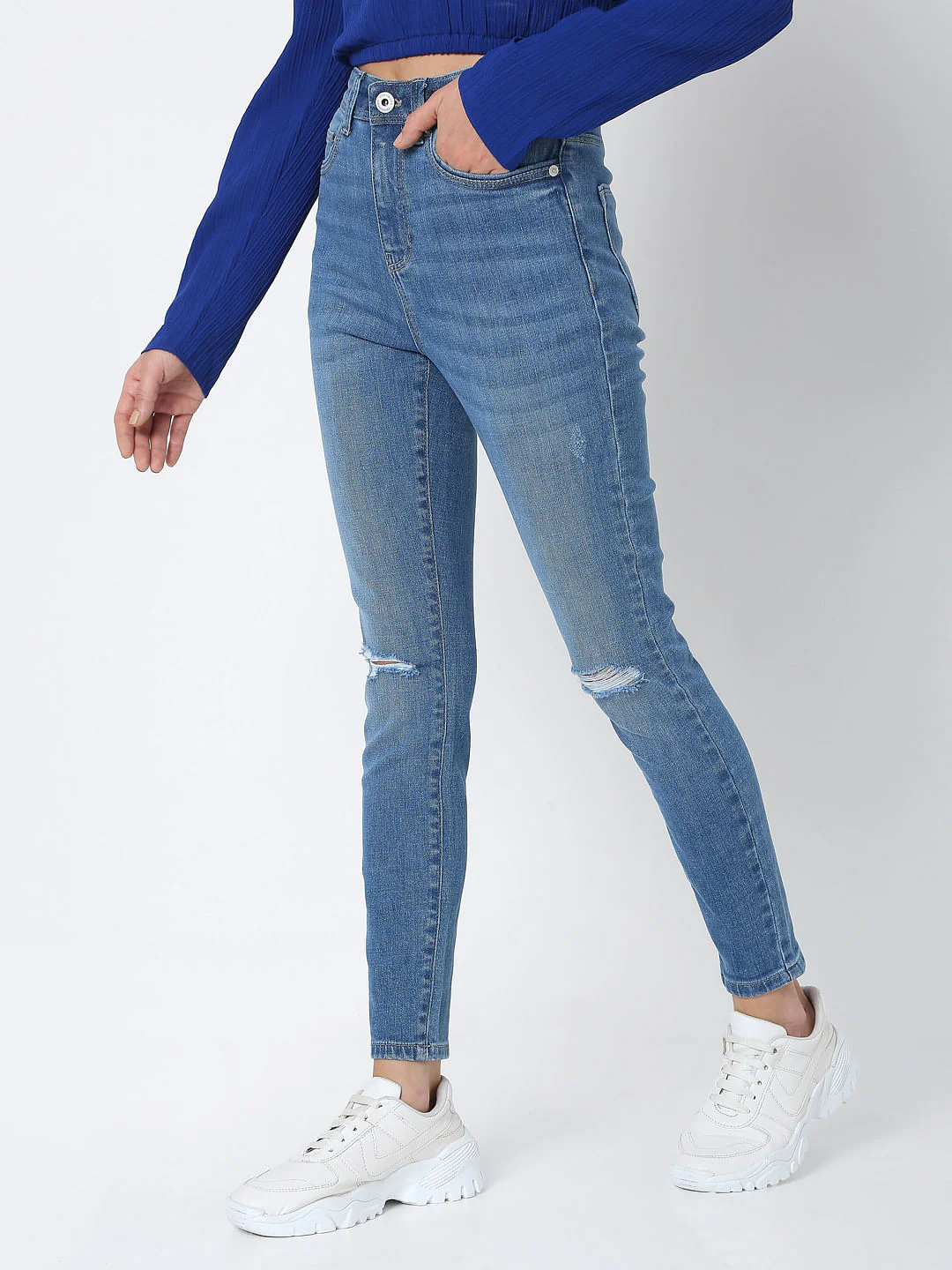 Blue Mid Rise Knee Ripped Wendy Skinny Jeans - Image 3