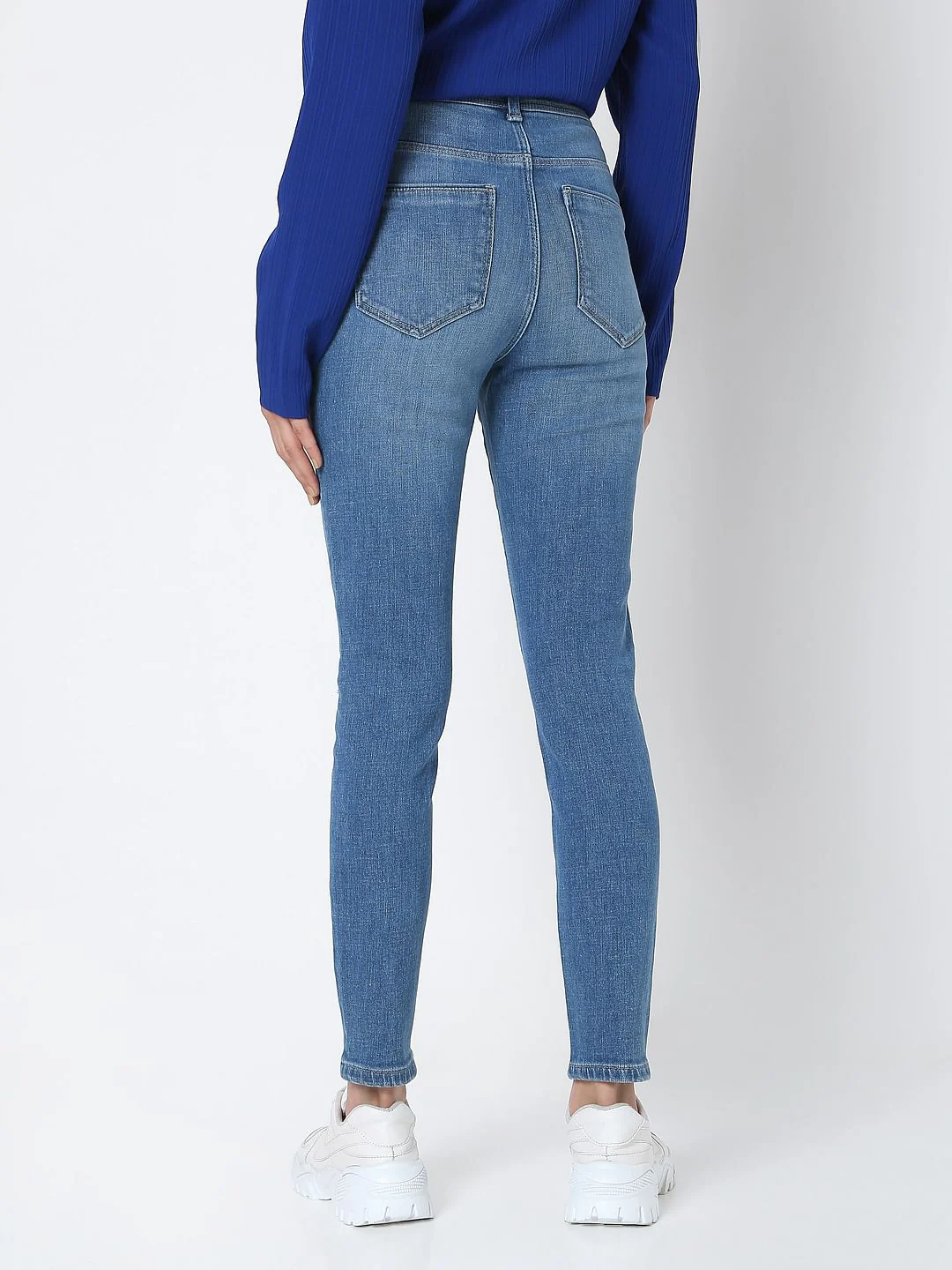 Blue Mid Rise Knee Ripped Wendy Skinny Jeans - Image 4