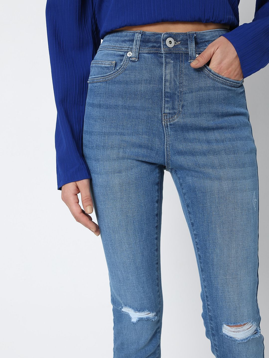 Blue Mid Rise Knee Ripped Wendy Skinny Jeans - Image 5
