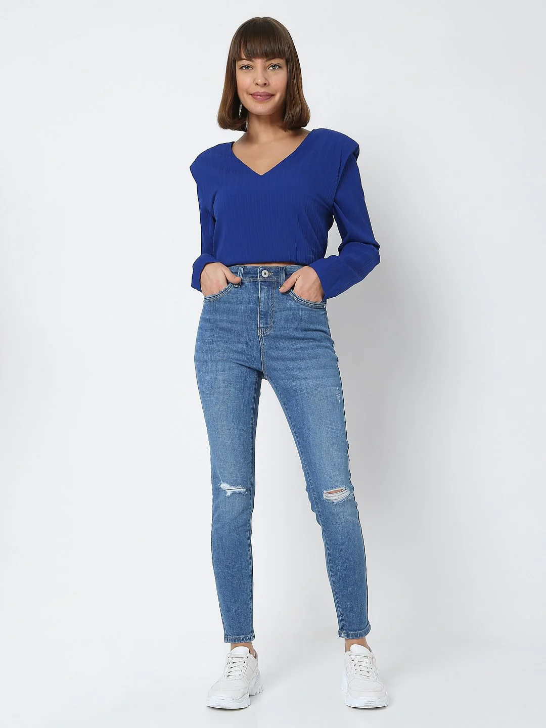 Blue Mid Rise Knee Ripped Wendy Skinny Jeans - Image 6