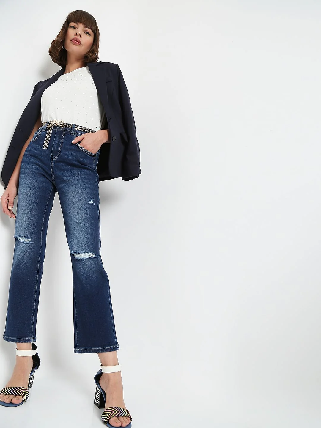 Blue Mid Rise Distressed Petra Bootcut Jeans