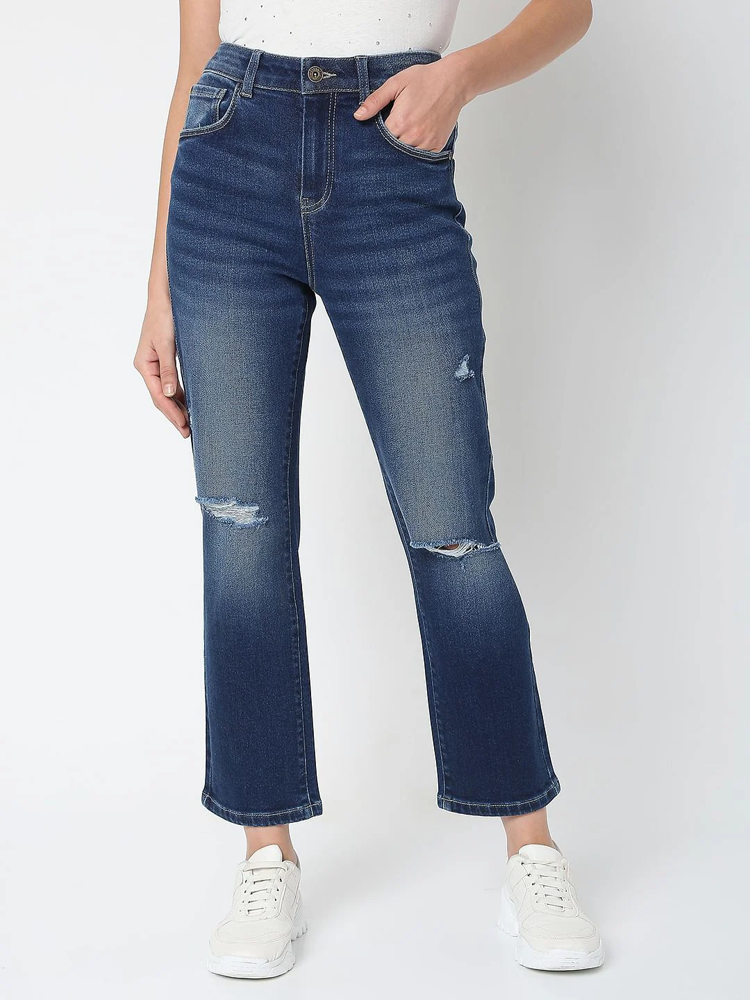 Blue Mid Rise Distressed Petra Bootcut Jeans - Image 2