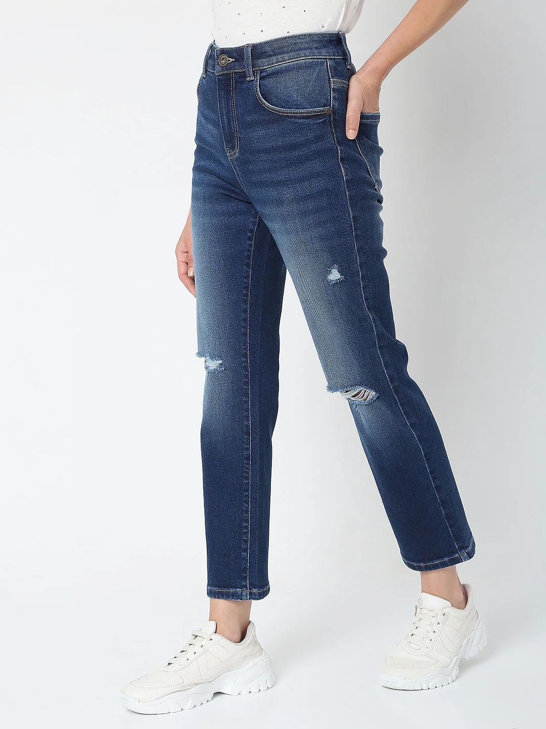 Blue Mid Rise Distressed Petra Bootcut Jeans - Image 3
