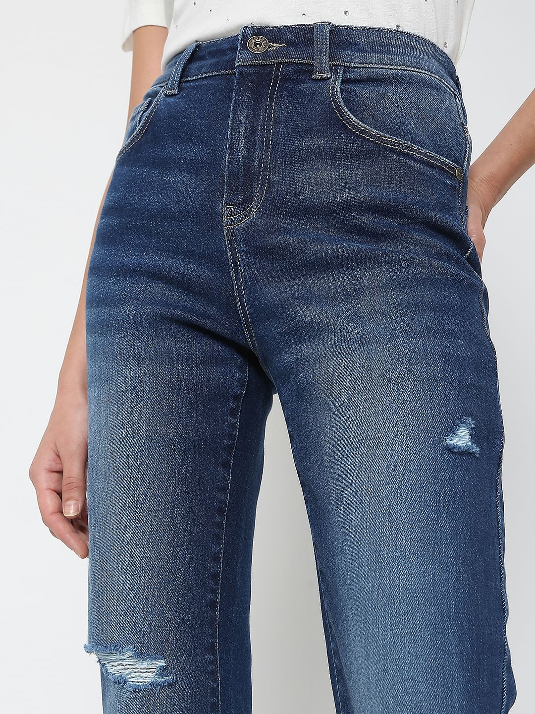 Blue Mid Rise Distressed Petra Bootcut Jeans - Image 5