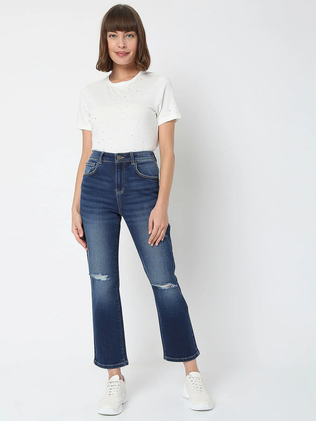 Blue Mid Rise Distressed Petra Bootcut Jeans - Image 6