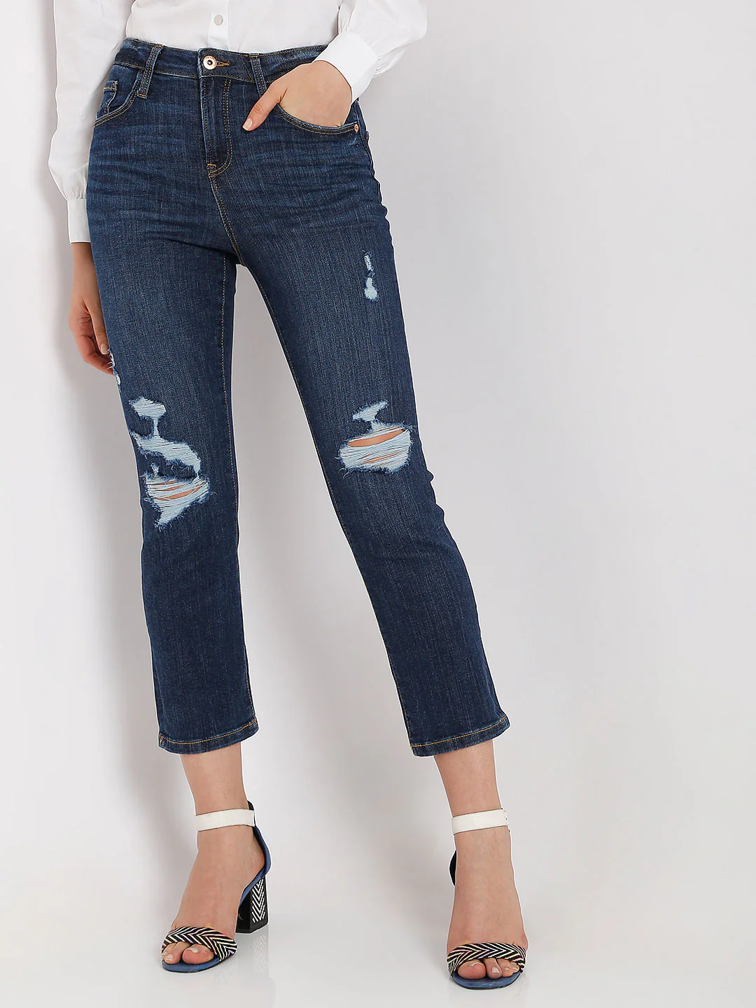 Dark Blue Mid Rise Distressed Jade Straight Fit Jeans - Image 2