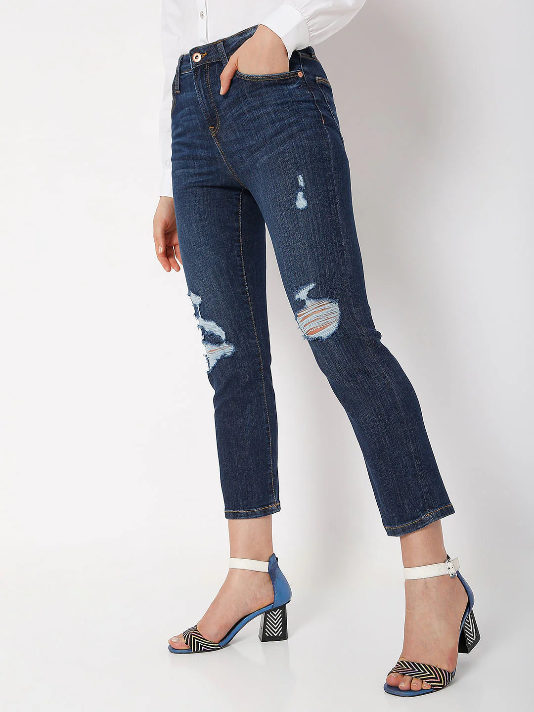 Dark Blue Mid Rise Distressed Jade Straight Fit Jeans - Image 3
