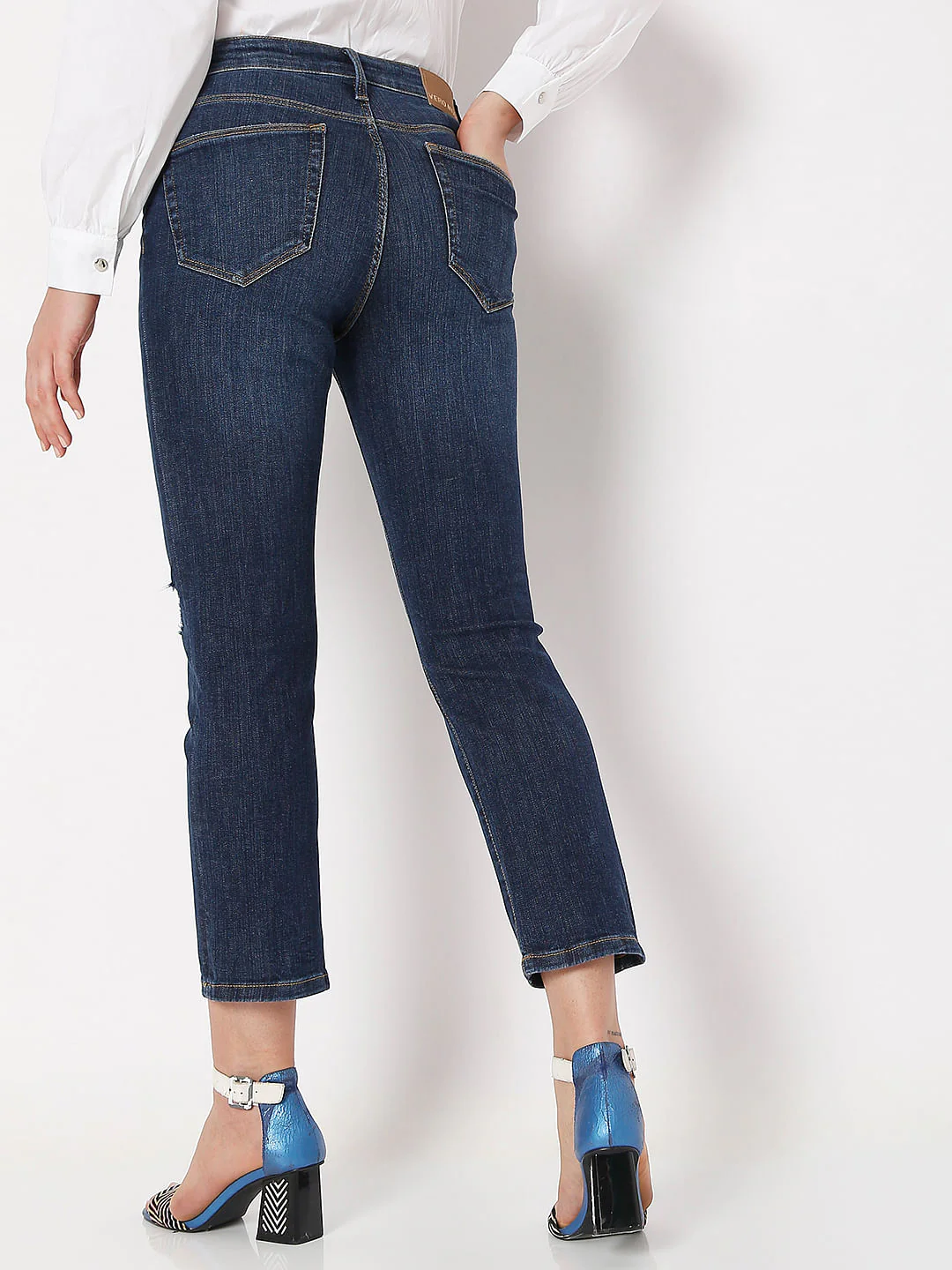 Dark Blue Mid Rise Distressed Jade Straight Fit Jeans - Image 4