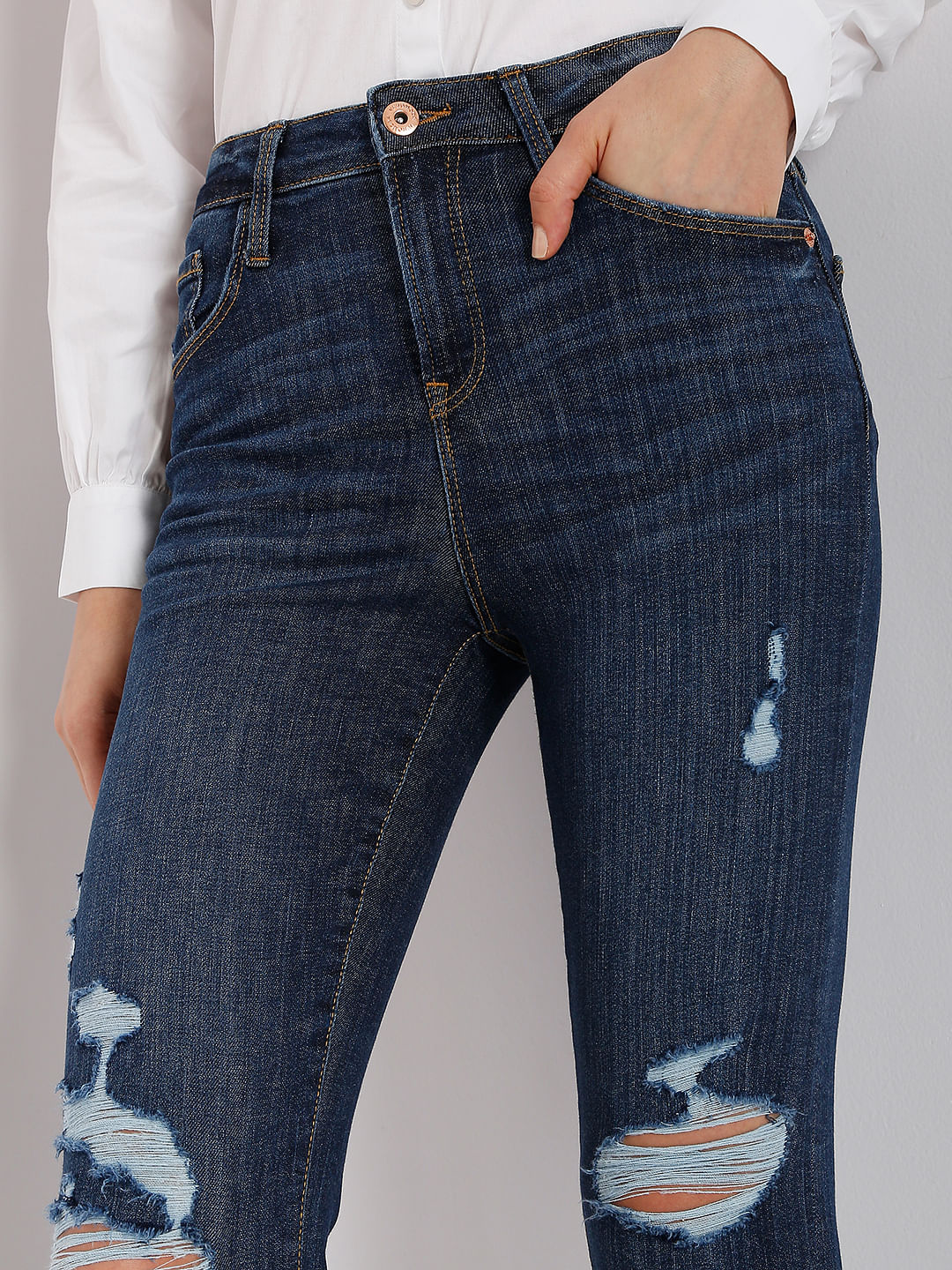 Dark Blue Mid Rise Distressed Jade Straight Fit Jeans - Image 5