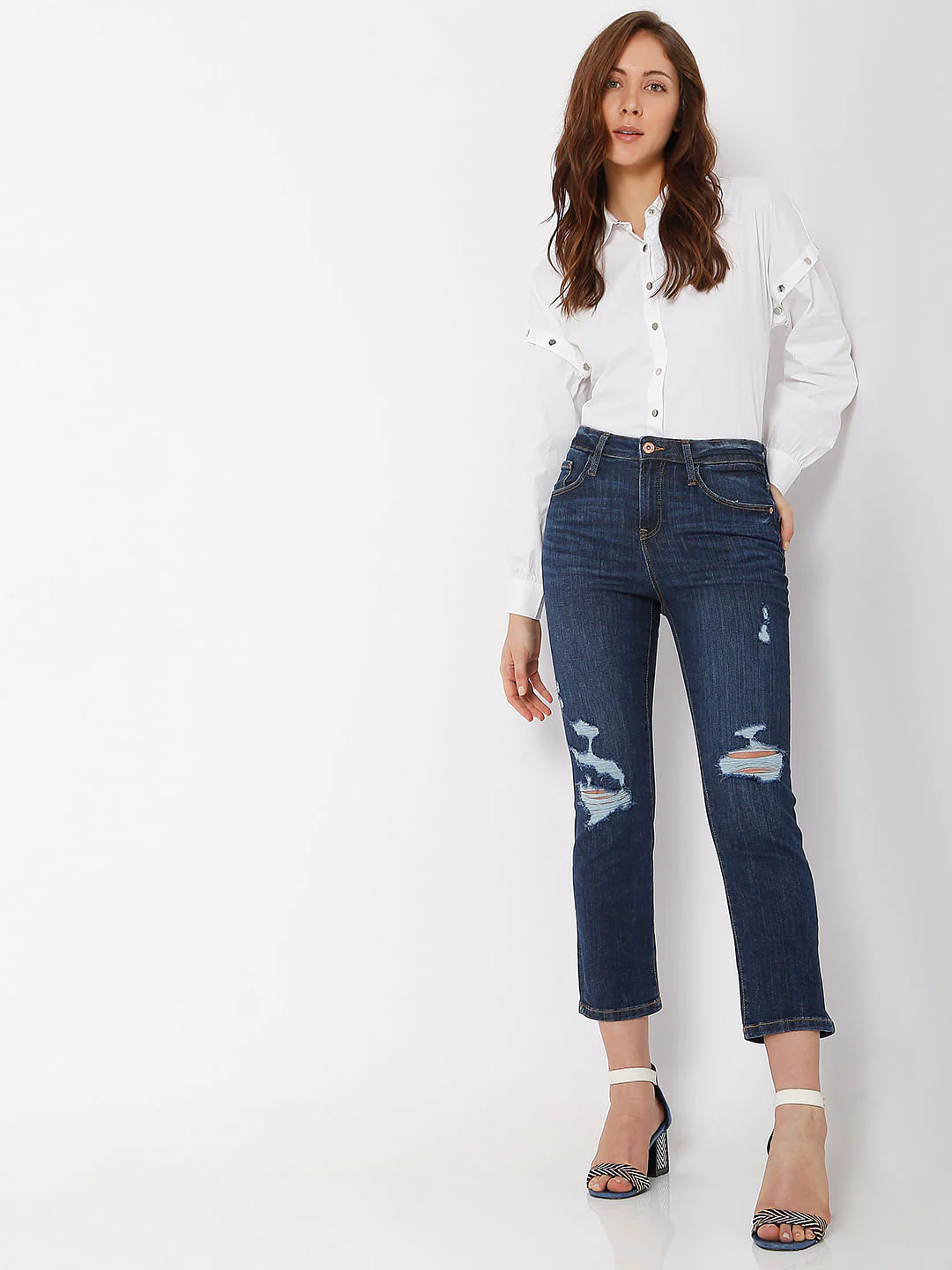 Dark Blue Mid Rise Distressed Jade Straight Fit Jeans - Image 6