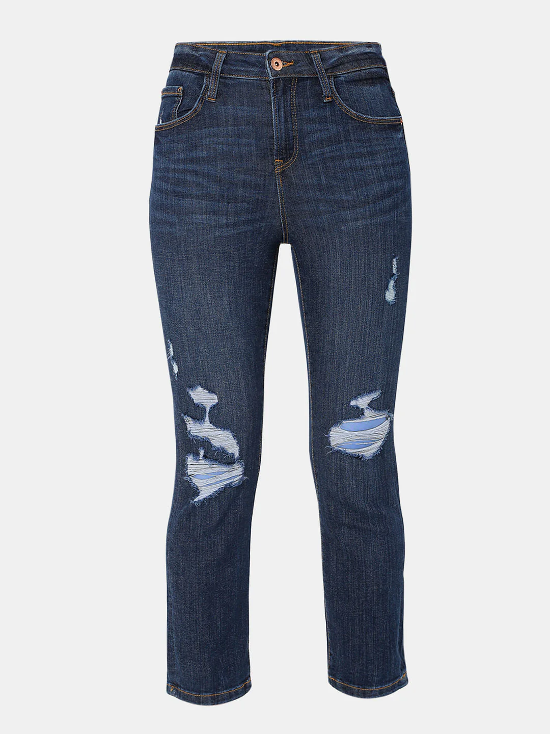 Dark Blue Mid Rise Distressed Jade Straight Fit Jeans - Image 7