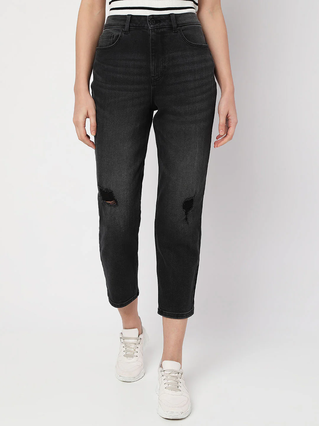 Charcoal Grey High Rise Distressed Mom Fit Jeans - Image 2