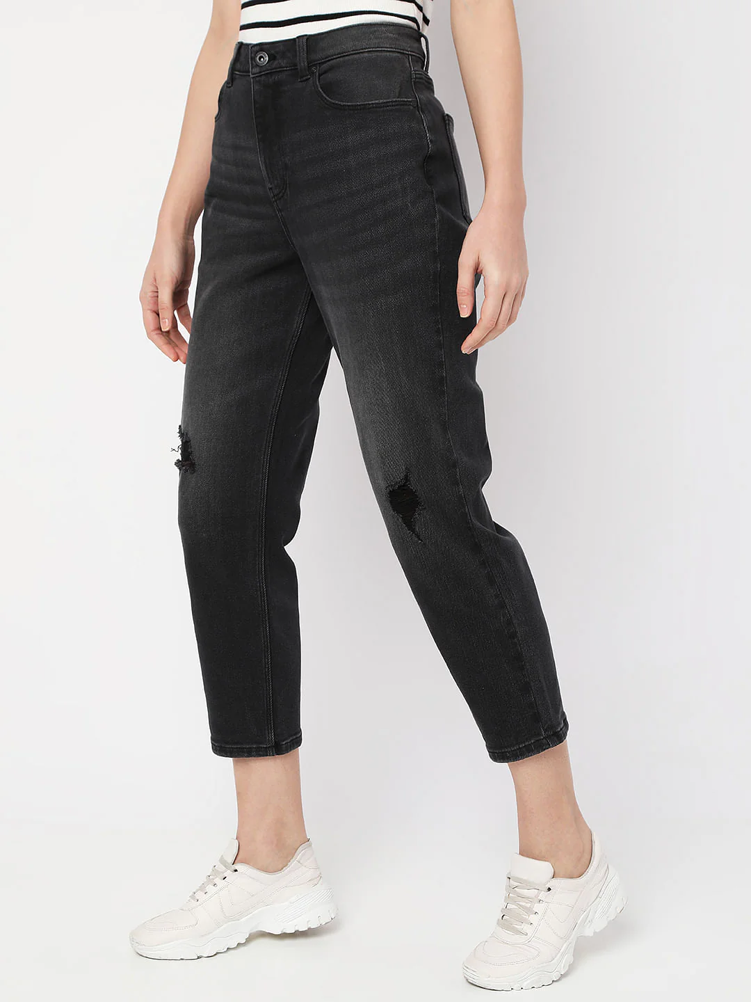Charcoal Grey High Rise Distressed Mom Fit Jeans - Image 3