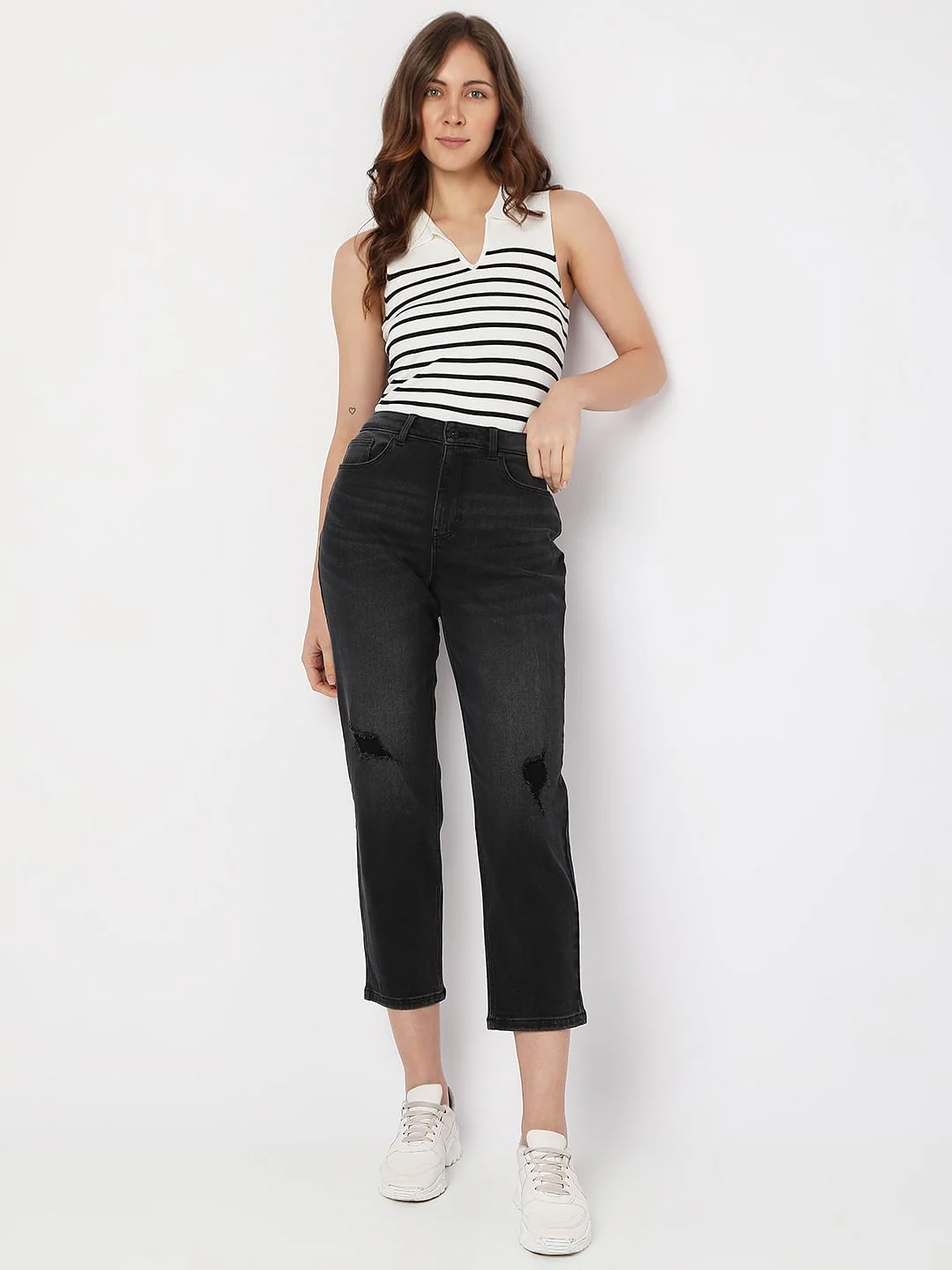 Charcoal Grey High Rise Distressed Mom Fit Jeans - Image 6