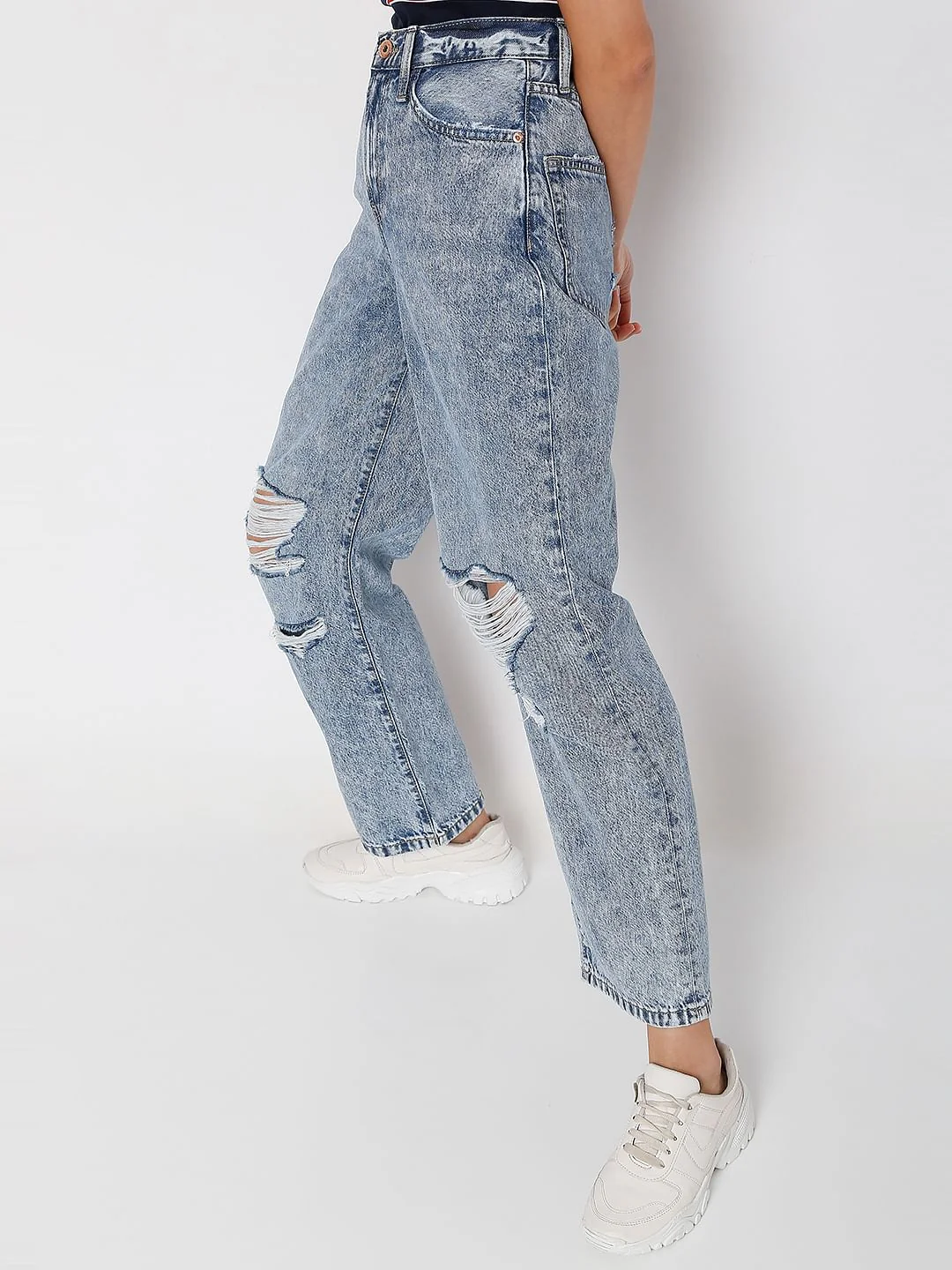 Blue High Rise Washed Boyfriend Jeans - Image 3