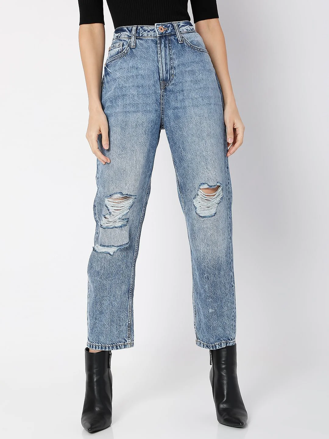 Blue High Rise Distressed Jade Straight Fit Jeans - Image 2