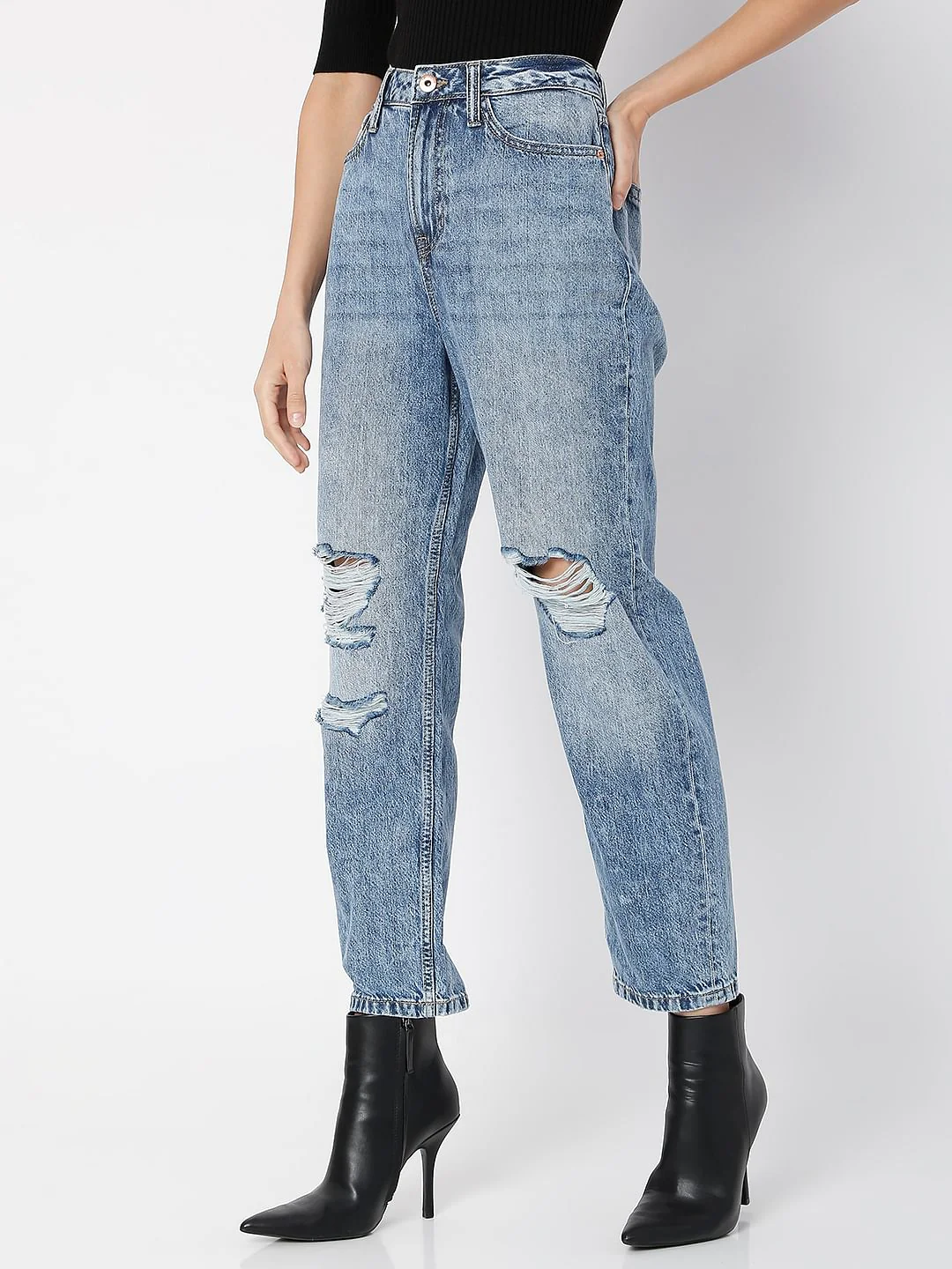 Blue High Rise Distressed Jade Straight Fit Jeans - Image 3