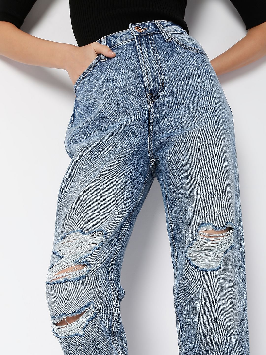 Blue High Rise Distressed Jade Straight Fit Jeans - Image 5