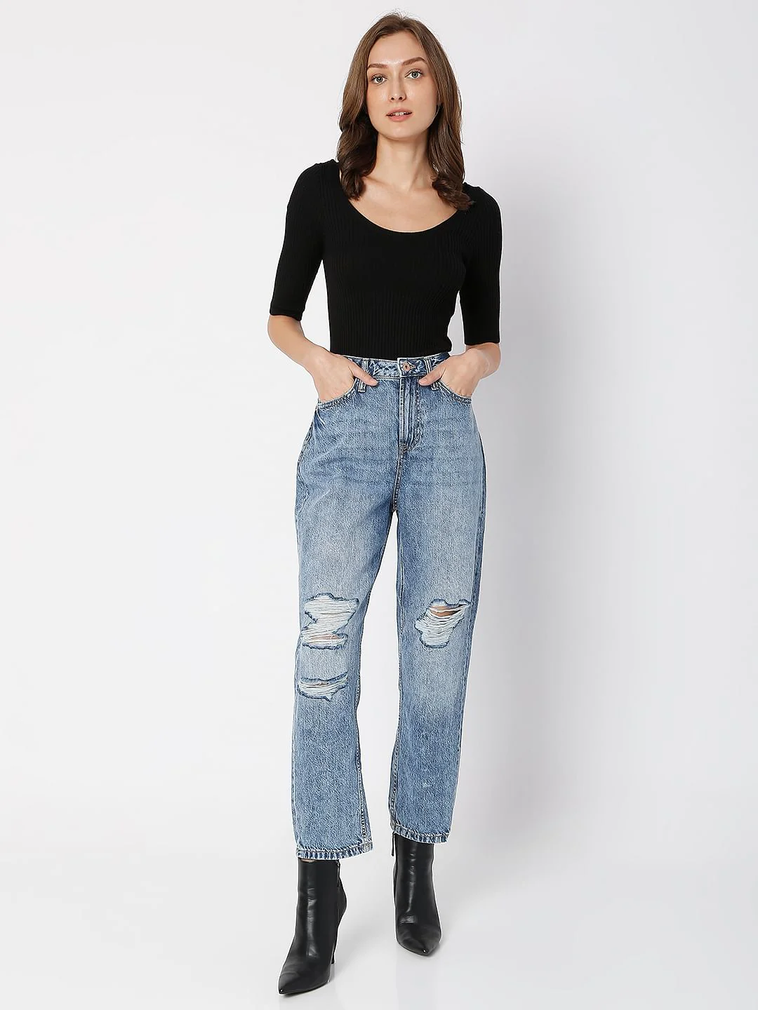 Blue High Rise Distressed Jade Straight Fit Jeans - Image 6