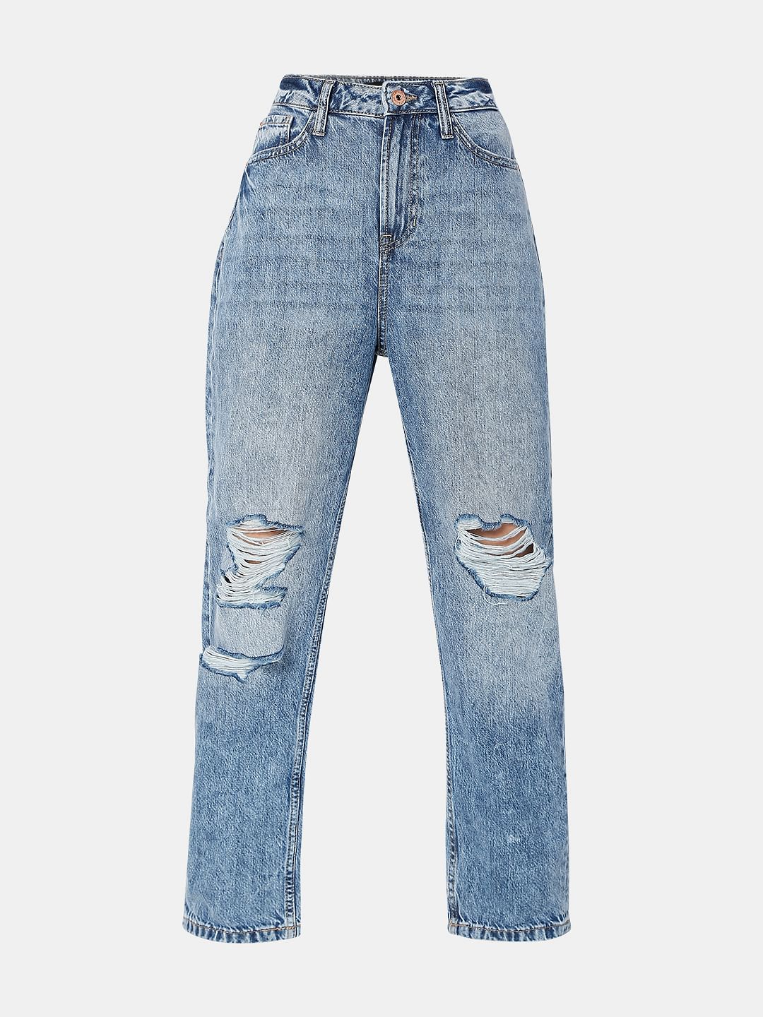 Blue High Rise Distressed Jade Straight Fit Jeans - Image 7