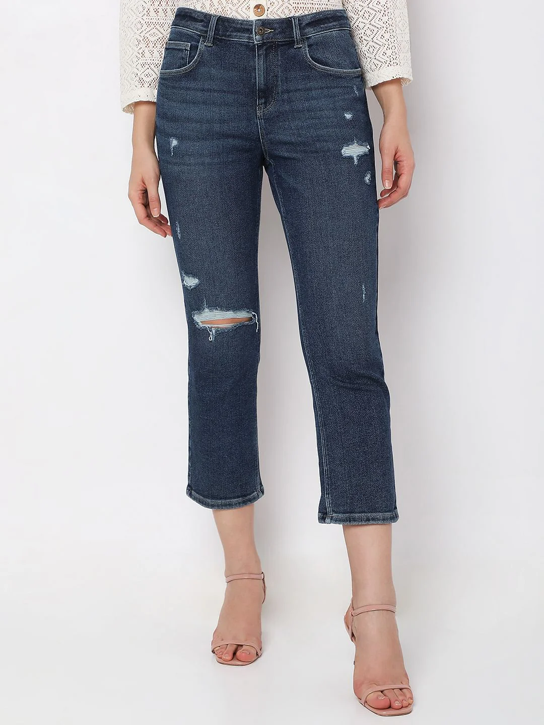 Blue High Rise Distressed Jade Straight Fit Jeans - Image 2