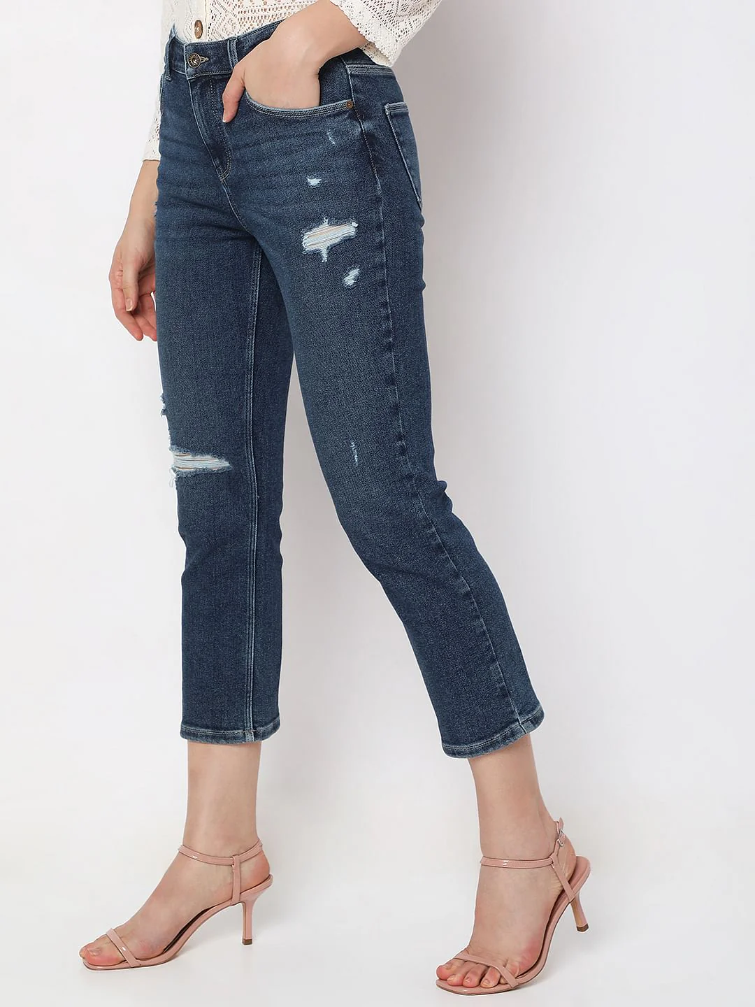 Blue High Rise Distressed Jade Straight Fit Jeans - Image 3